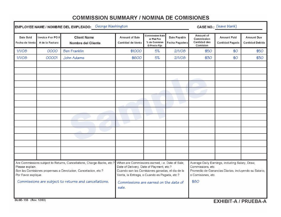 Sample DLSE Form 155 Exhibit A Commission Summary - California (English / Spanish), Page 1