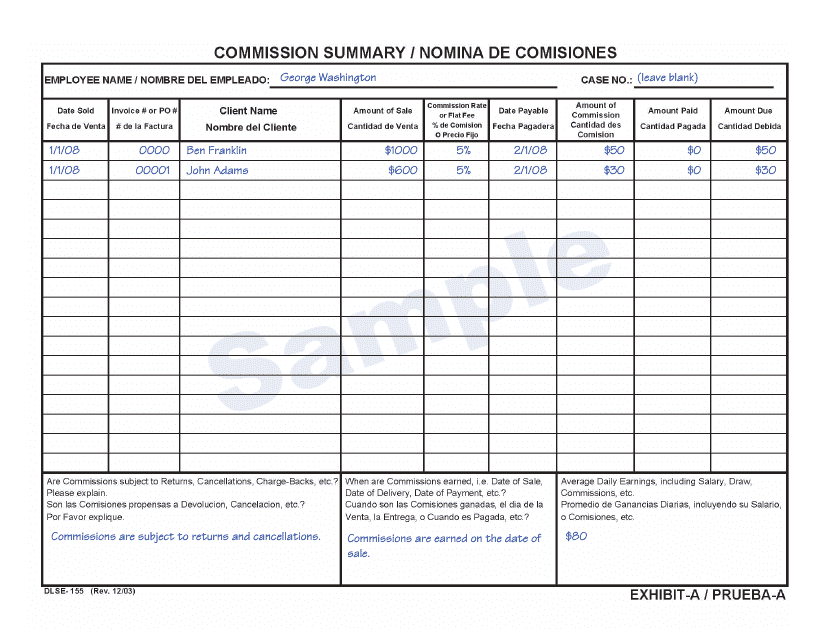 Sample DLSE Form 155 Exhibit A Commission Summary - California (English/Spanish)