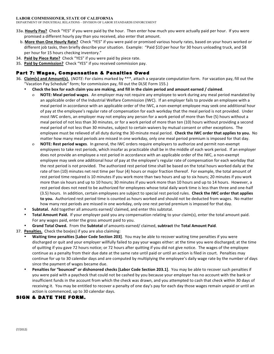 Instructions for DLSE Form 1 Initial Report or Claim - California, Page 4