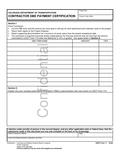 CDOT Form 17 Contractor Dbe Payment Certification - Colorado