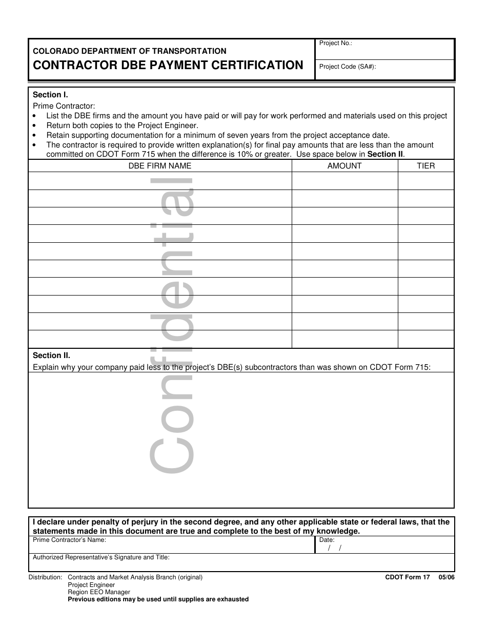 CDOT Form 17 Contractor Dbe Payment Certification - Colorado, Page 1