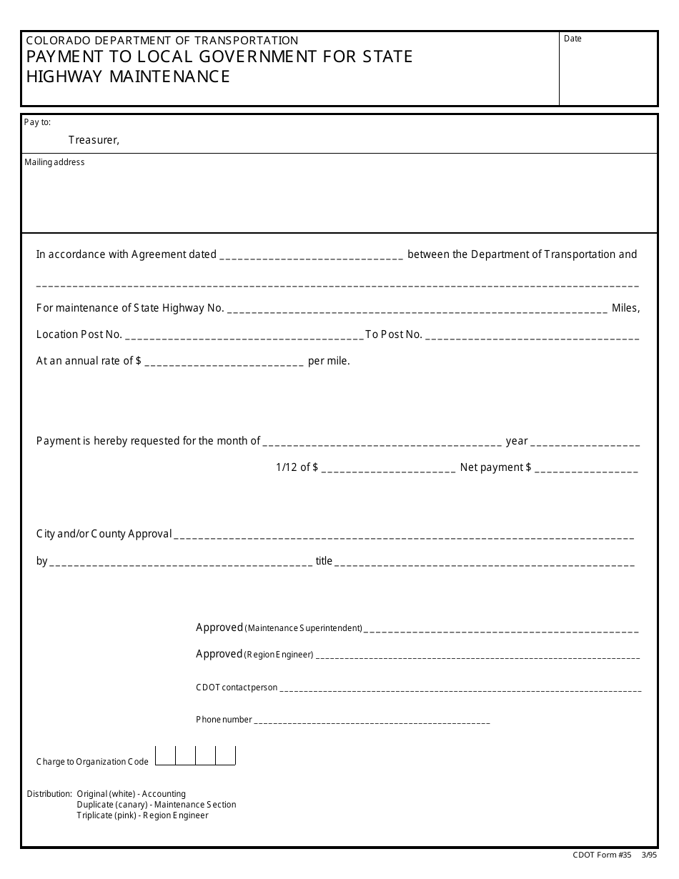 CDOT Form 35 Payment to Local Government for Statehighway Maintenance - Colorado, Page 1