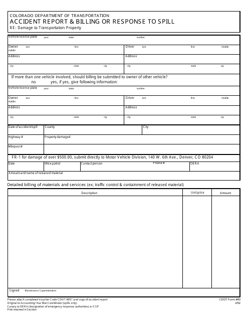 CDOT Form 40 Accident Report & Billing or Response to Spill - Colorado