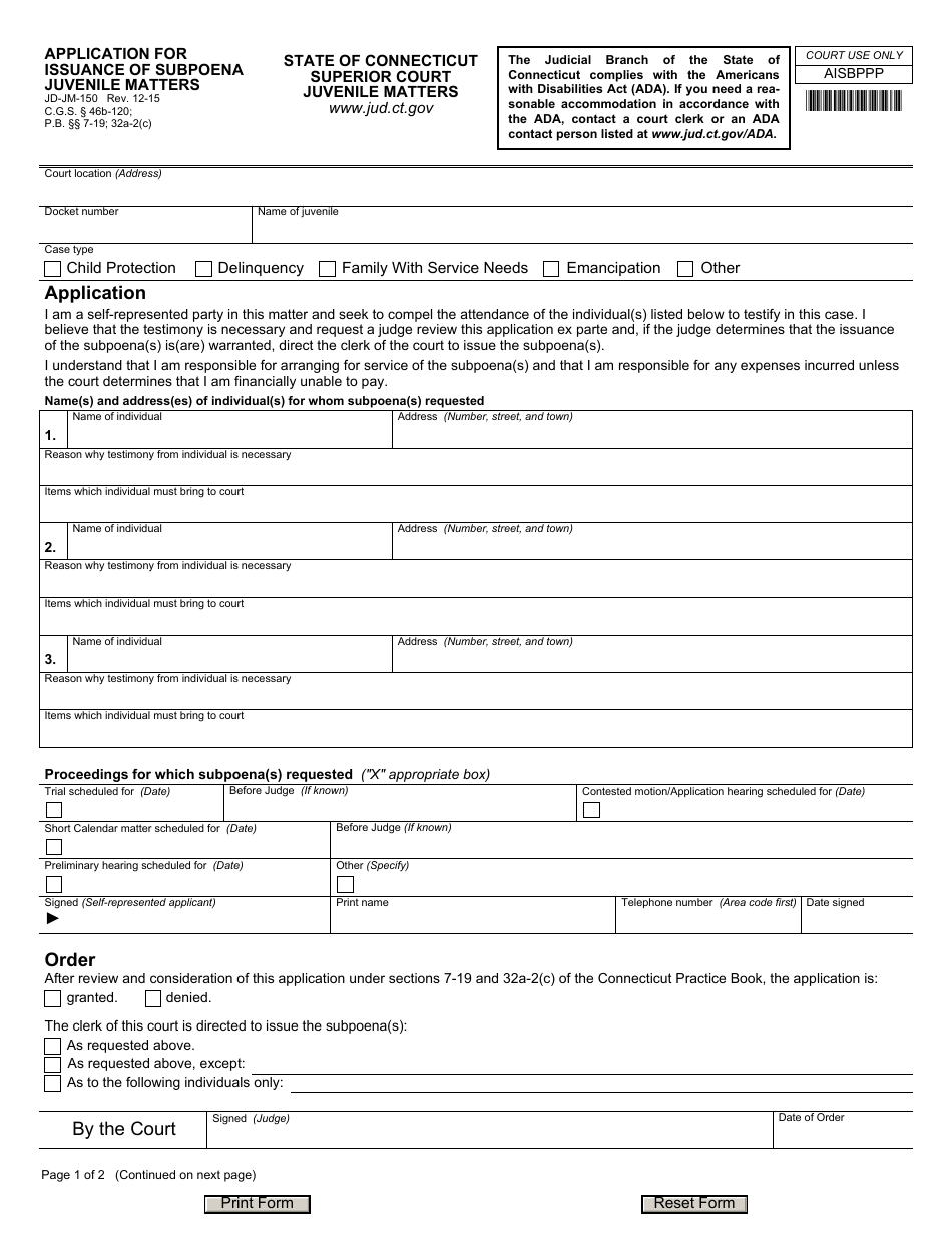 Form JD-JM-150 Application for Issuance of Subpoena - Juvenile Matters - Connecticut, Page 1