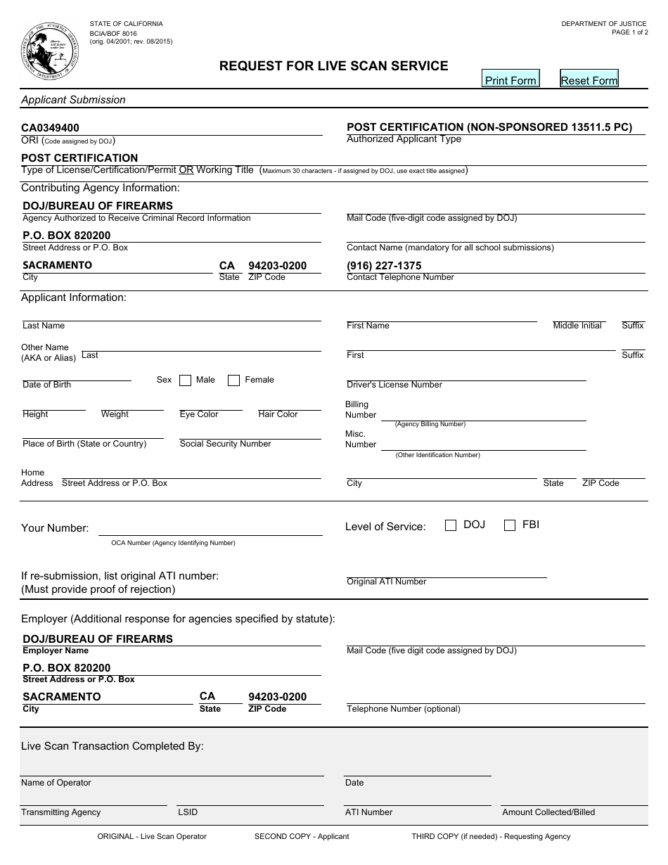 Form BCIA / BOF8016 Request for Live Scan Service for Post-certification - California, Page 1