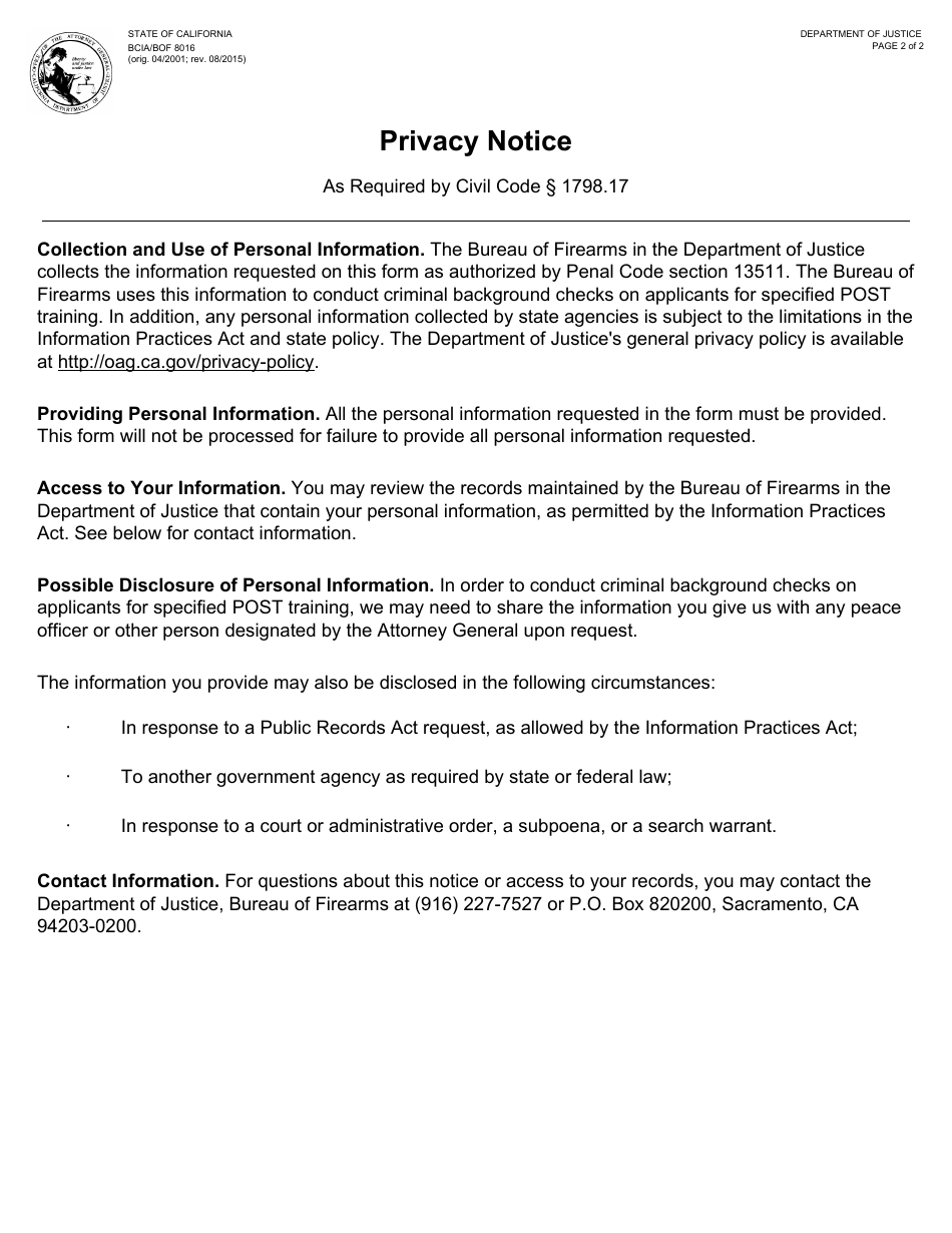 Form BCIA / BOF8016 Request for Live Scan Service for Post-certification - California, Page 2