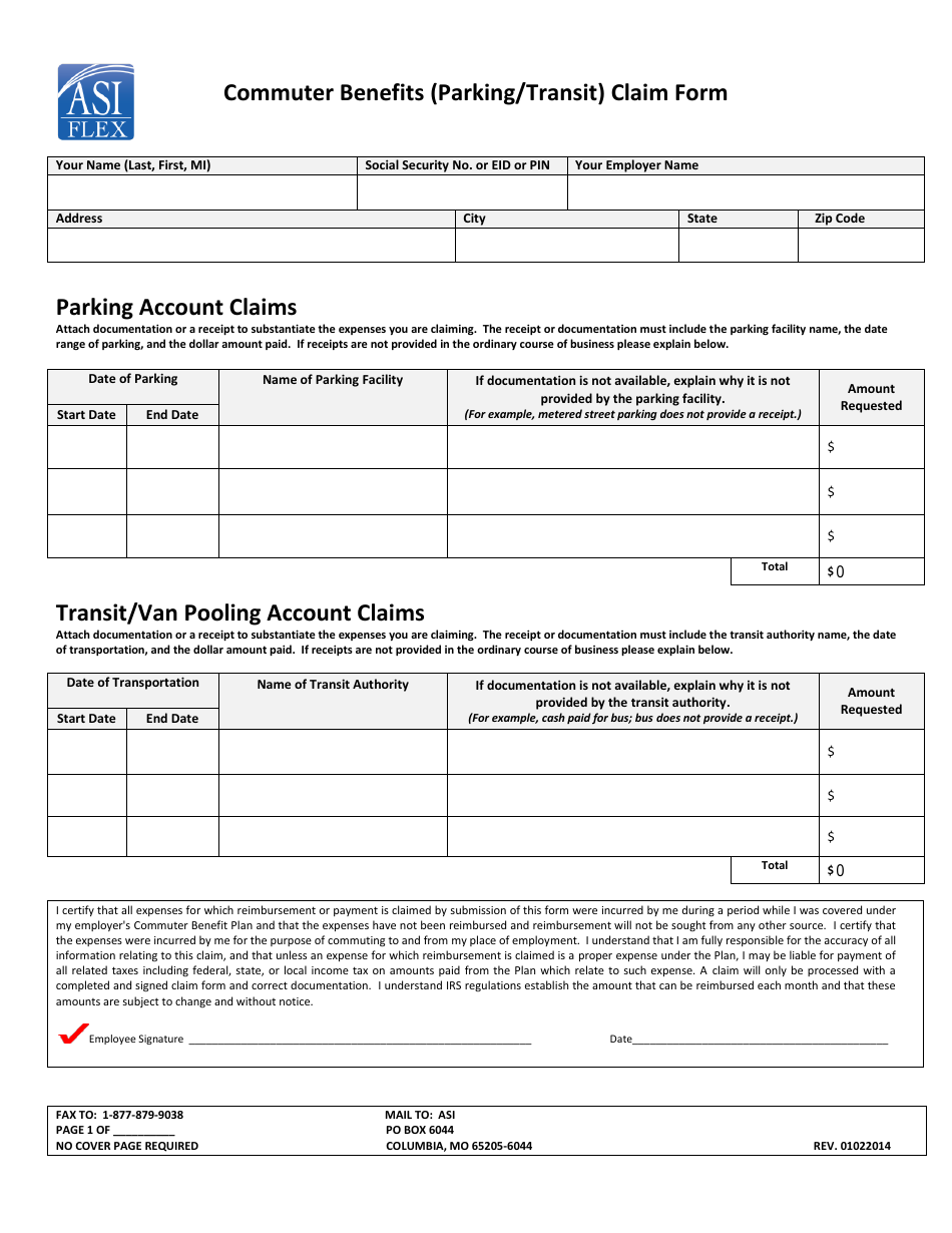 Commuter Benefits (Parking/Transit) Claim Form Asi Flex Fill Out