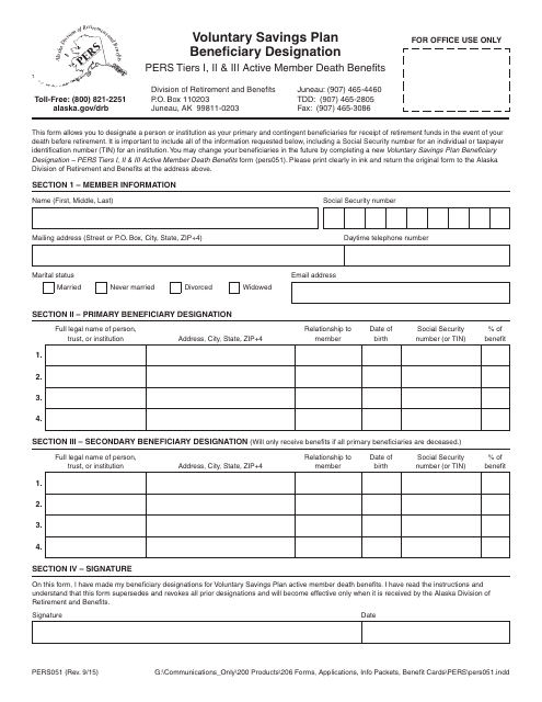 Form PERS051 Voluntary Savings Plan Beneficiary Designation - Alaska