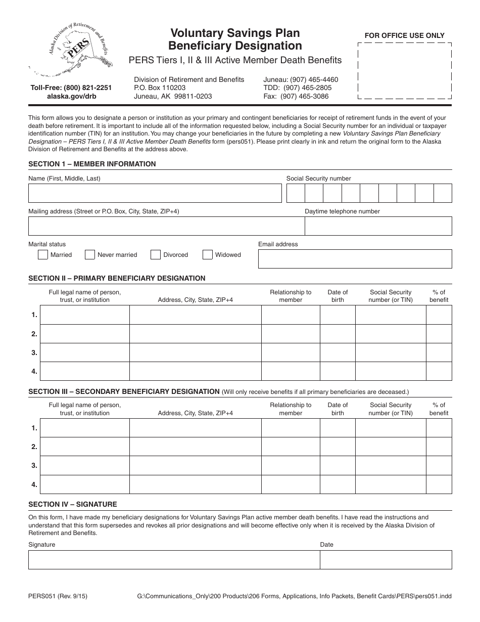 Form PERS051 Voluntary Savings Plan Beneficiary Designation - Alaska, Page 1