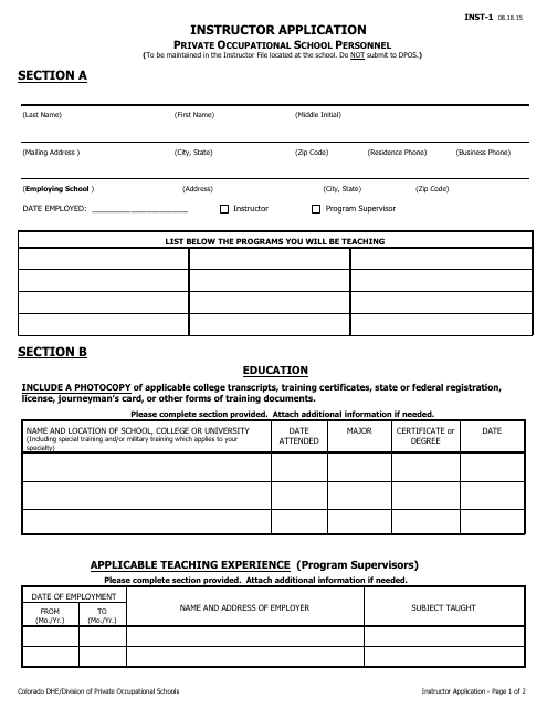 Form INST-1 Instructor Application - Colorado