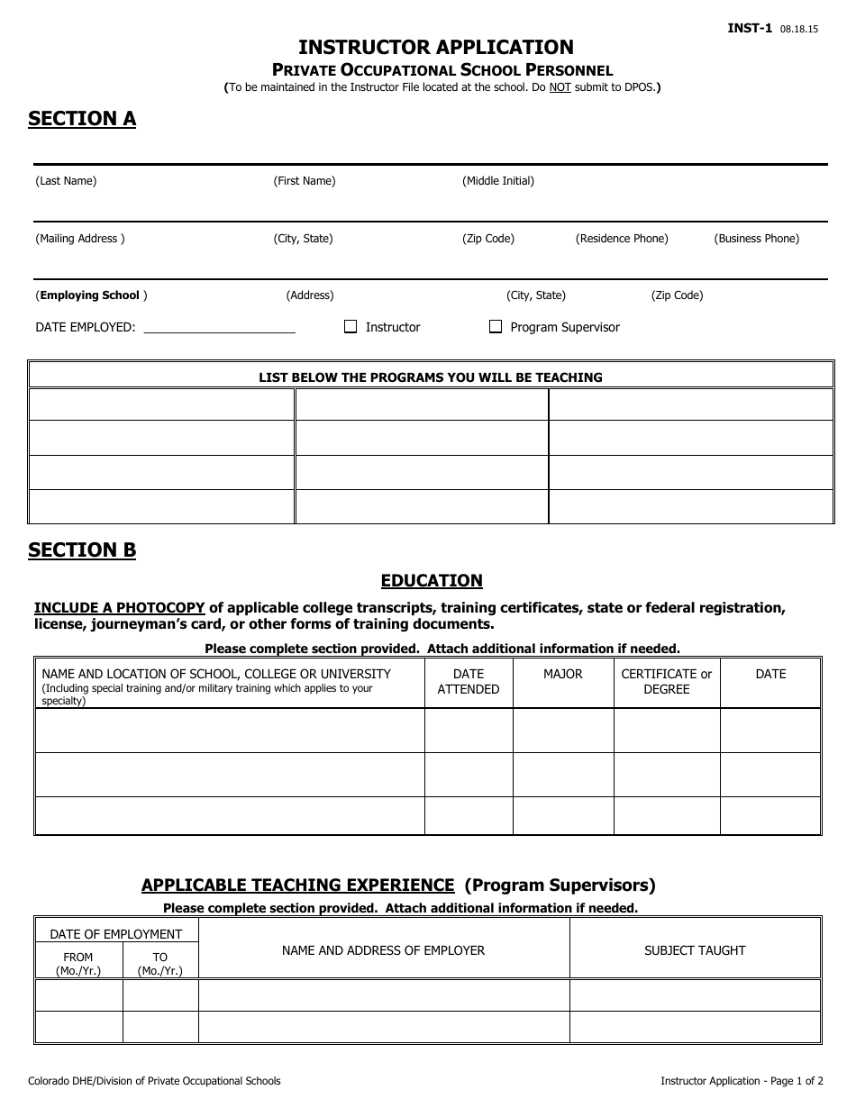 Form INST-1 Instructor Application - Colorado, Page 1