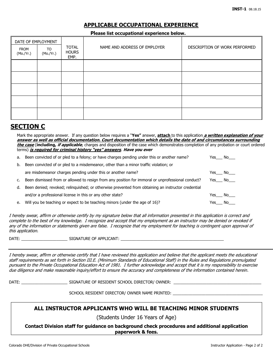 Form INST-1 Instructor Application - Colorado, Page 2
