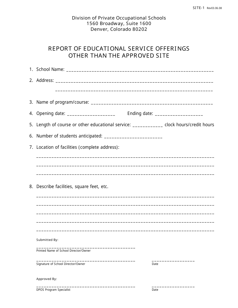 Form SITE-1 Report of Educational Service Offerings Other Than the Approved Site - Colorado, Page 1