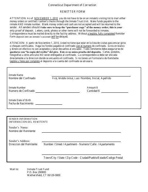 Inmate Trust Fund Remitter Form - Connecticut (English / Spanish) Download Pdf