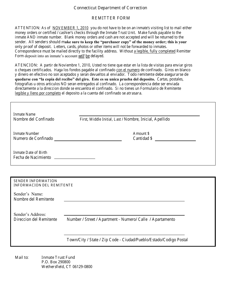 Inmate Trust Fund Remitter Form - Connecticut (English / Spanish), Page 1