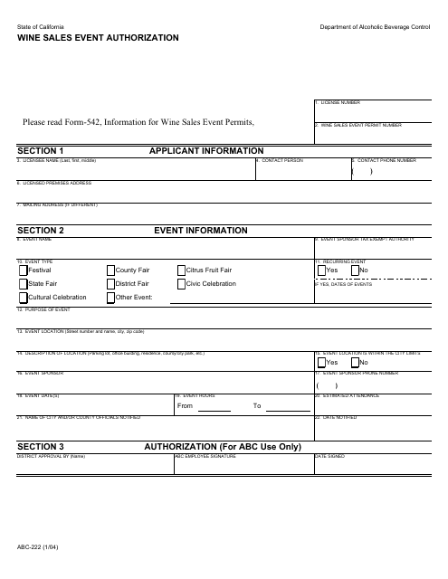 Form ABC-222  Printable Pdf