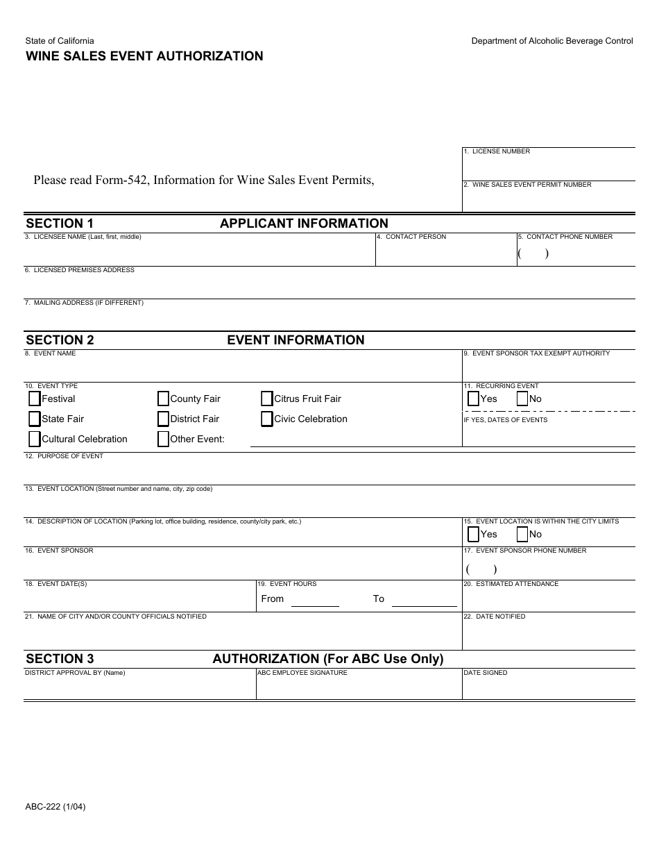 Form ABC-222 Wine Sales Event Authorization - California, Page 1