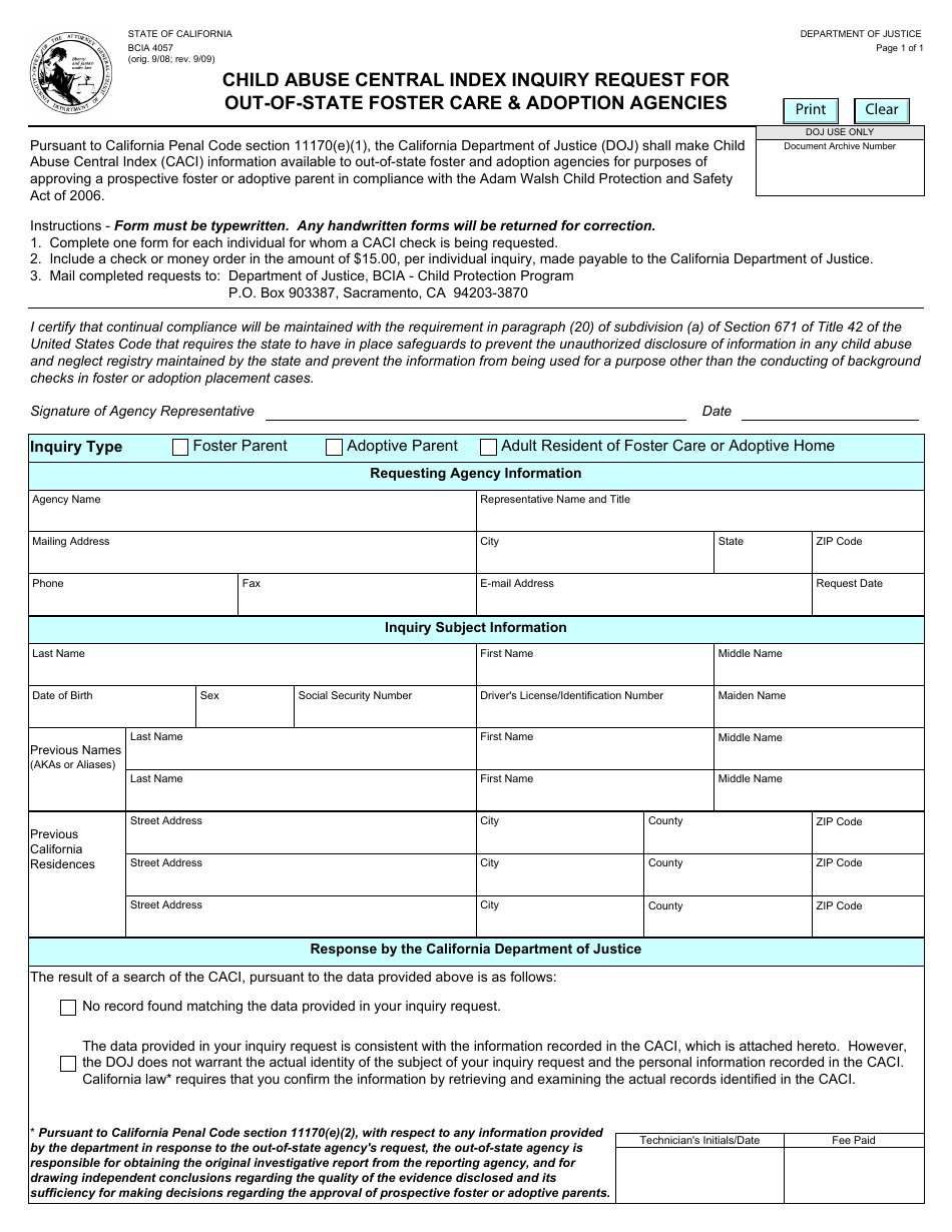 Form BCIA4057 Child Abuse Central Index Inquiry Request for Out-of-State Foster Care  Adoption Agencies - California, Page 1