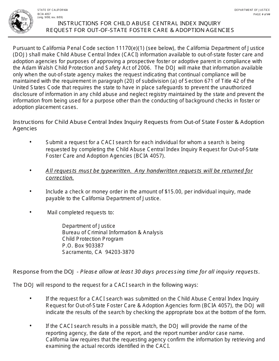 Instructions for Form BCIA4057 Child Abuse Central Index Inquiry Request for Out-of-State Foster Care and Adoption Agencies - California, Page 1