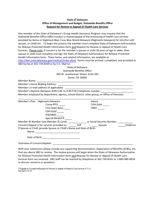 Request for Review or Appeal of Health Care Services - Delaware Download Pdf