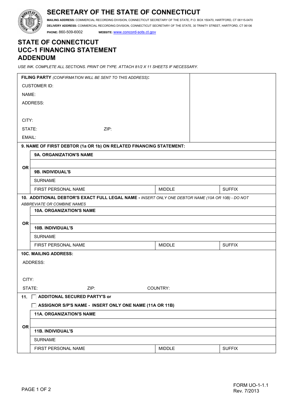 Form UO-1.1.1 Ucc-1 Financing Statement Addendum - Connecticut, Page 1