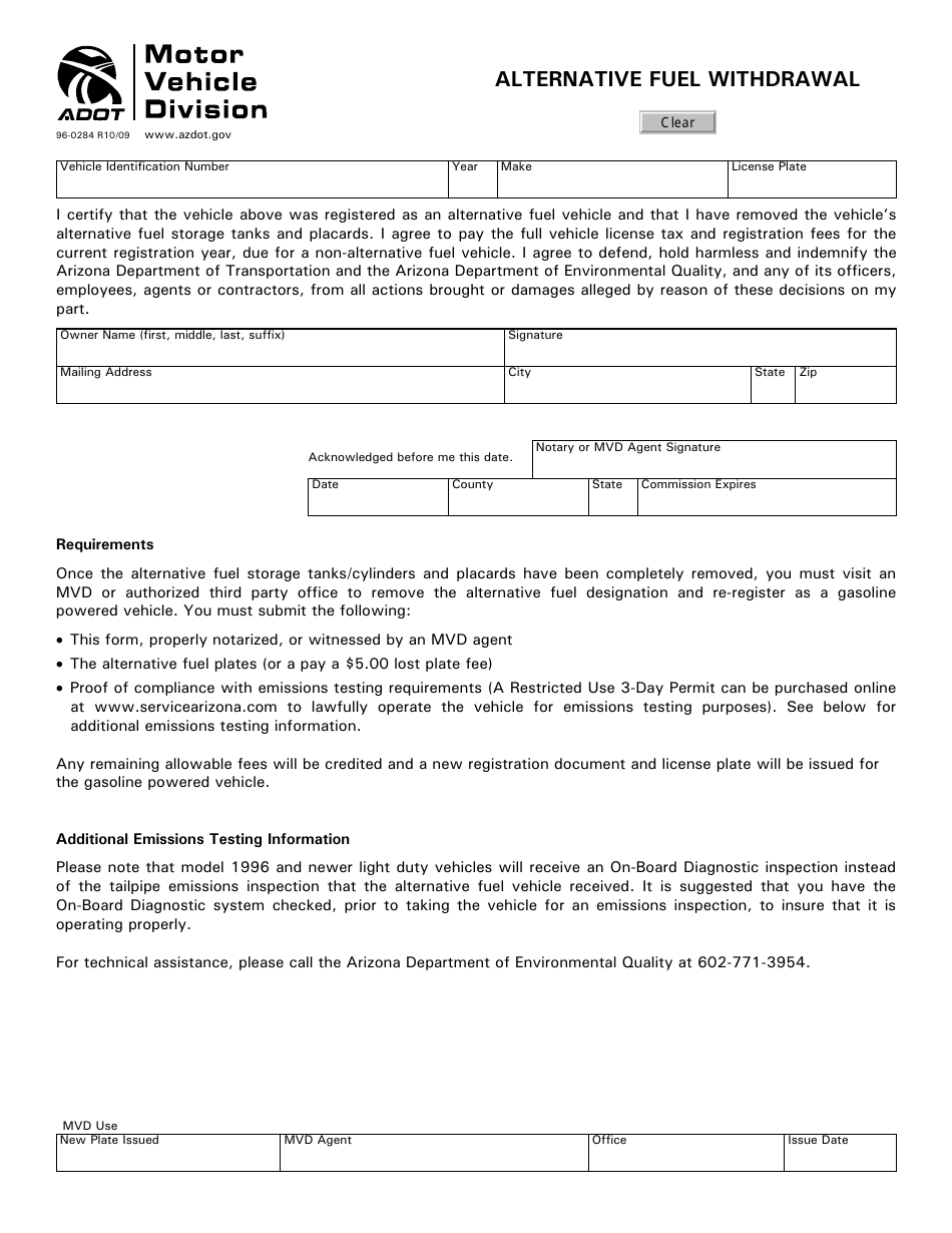 Form 96-0284 Alternative Fuel Withdrawal - Arizona, Page 1