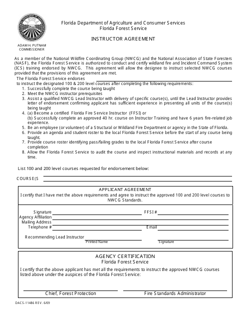 Form DACS-11486 Instructor Agreement - Florida