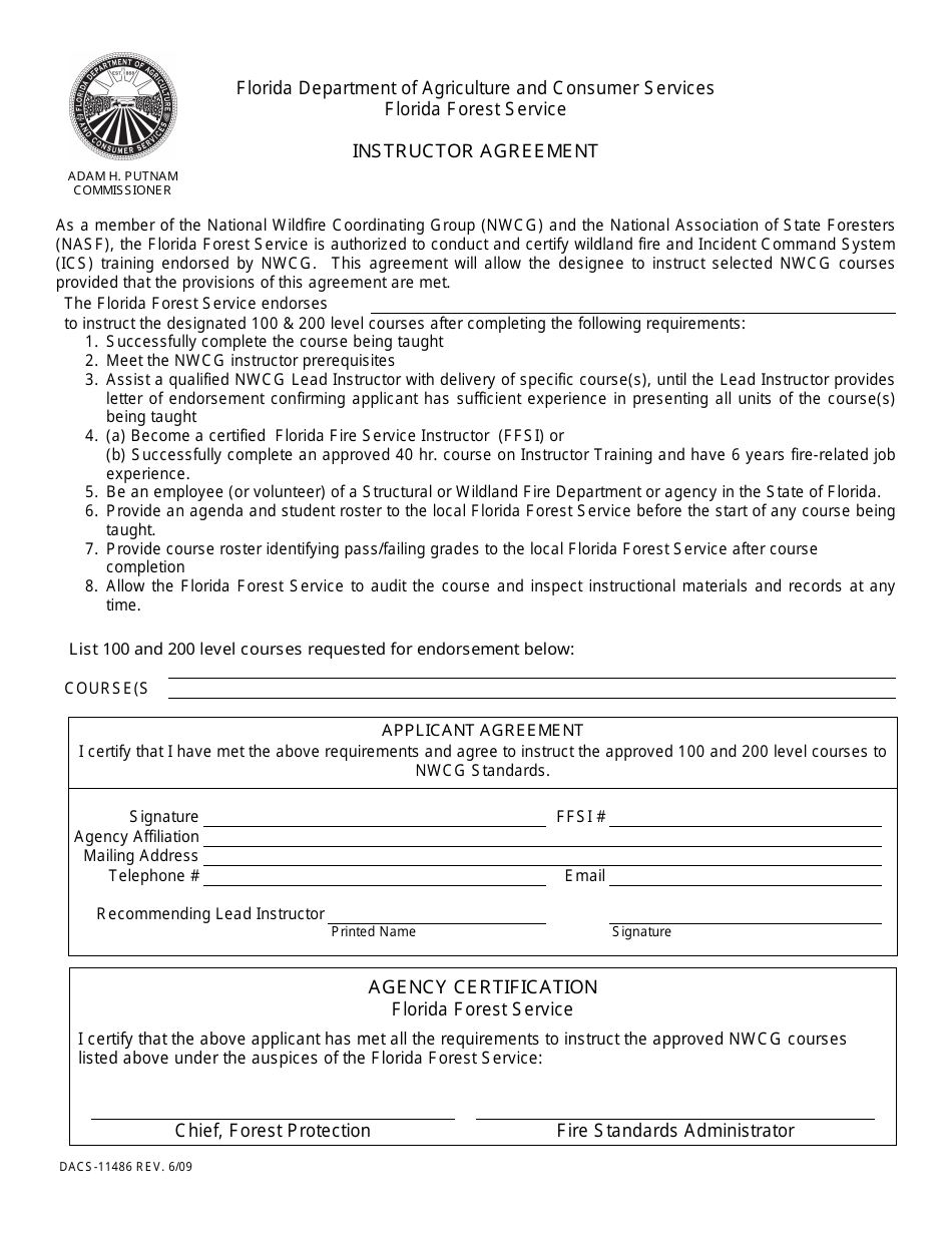 Form DACS-11486 Instructor Agreement - Florida, Page 1