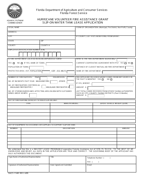 Form DACS-11481 Hurricane Volunteer Fire Assistance Grant Slip-On Water Tank Lease Application - Florida