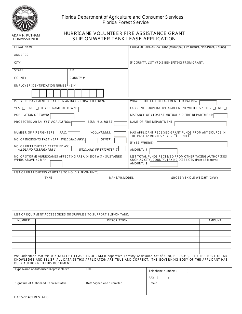 Form DACS-11481 Hurricane Volunteer Fire Assistance Grant Slip-On Water Tank Lease Application - Florida, Page 1