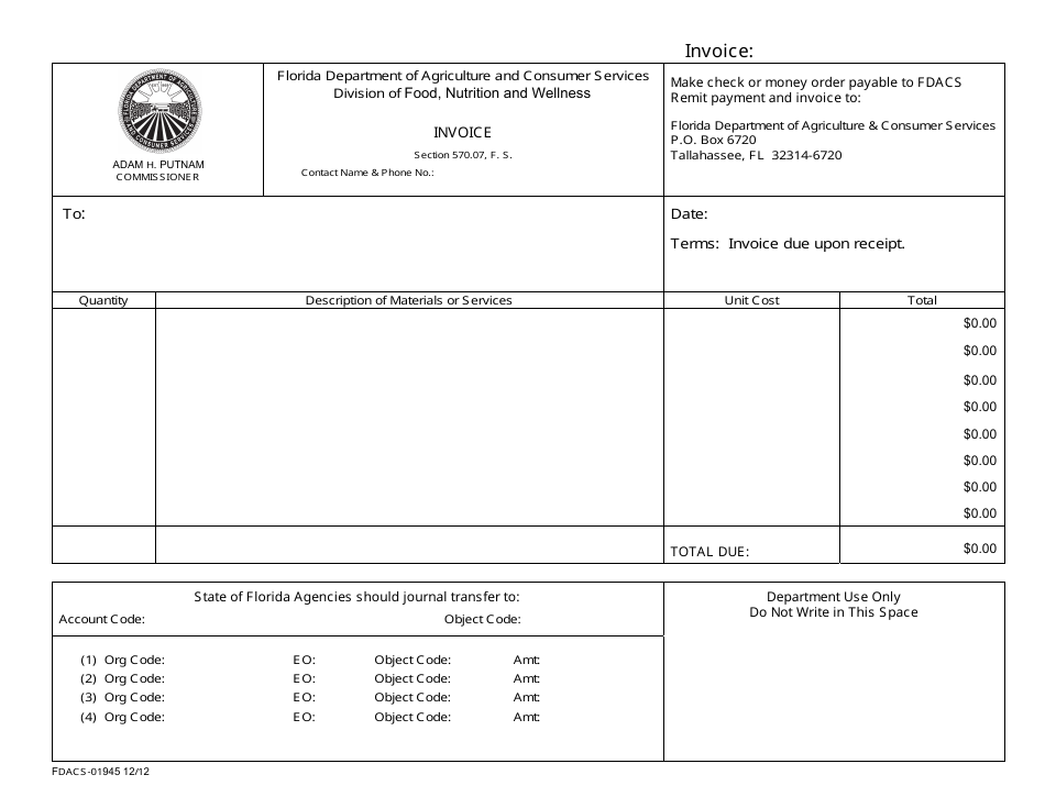 Form FDACS-01945 Invoice - Florida, Page 1