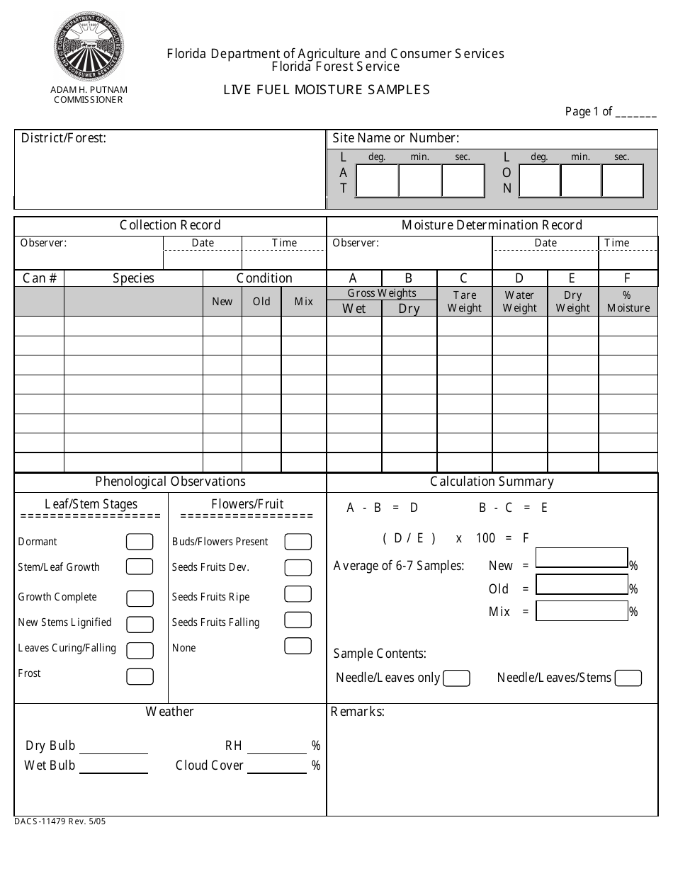 Form DACS-11479 Live Fuel Moisture Samples - Florida, Page 1