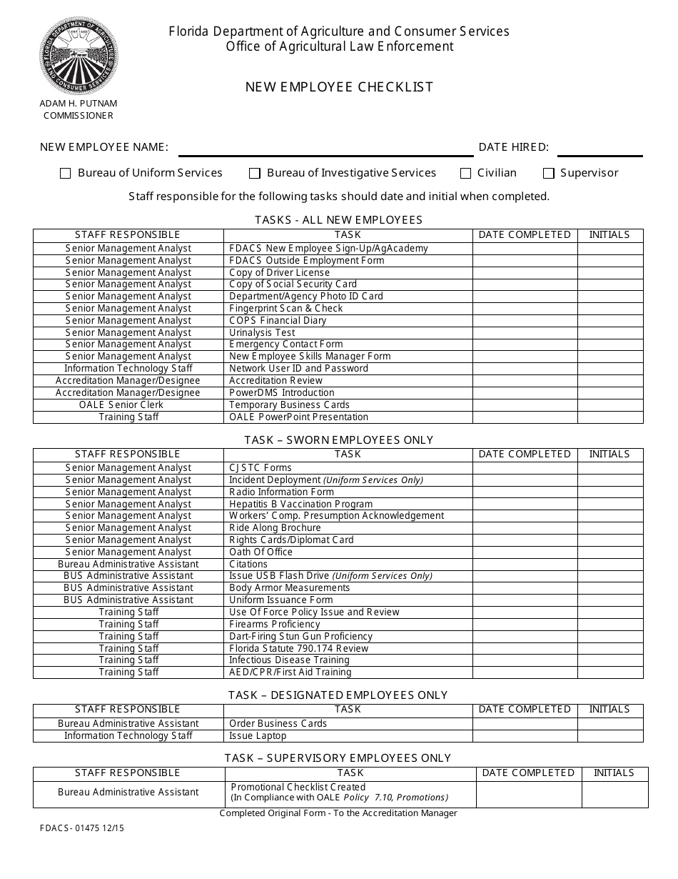 Form FDACS-01475 New Employee Checklist - Florida, Page 1