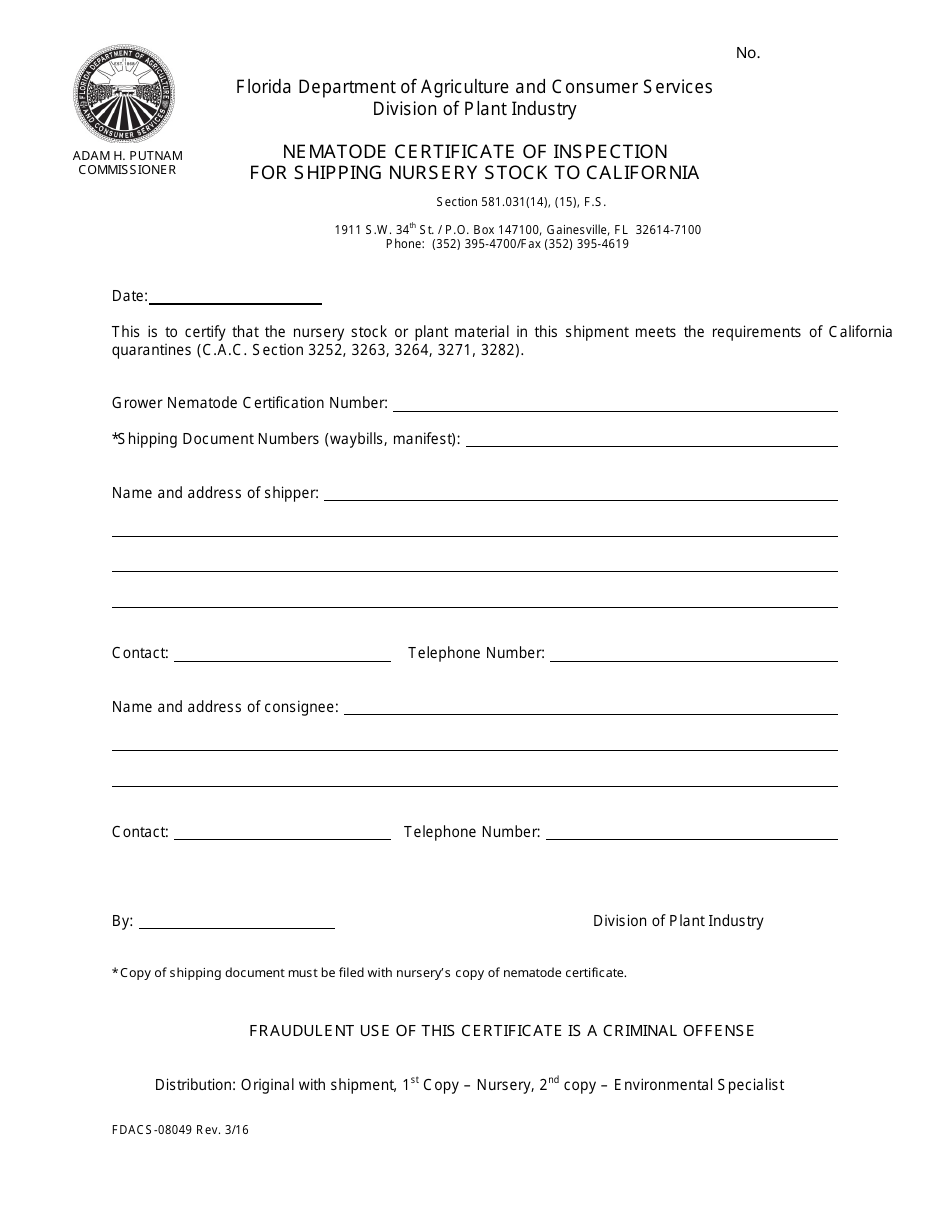 Form FDACS-08049 Nematode Certificate of Inspection for Shipping Nursery Stock to California - Florida, Page 1