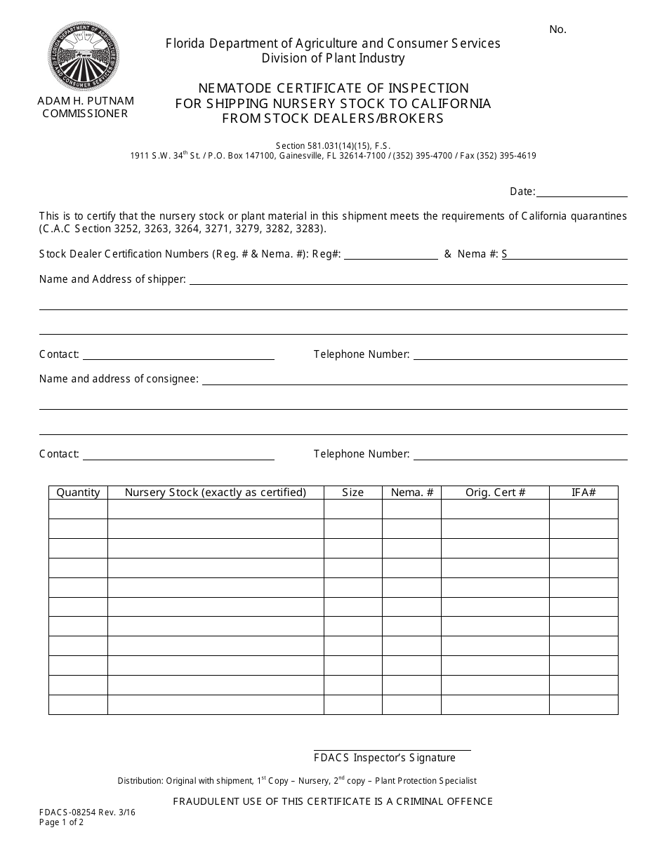 Form FDACS-08254 Nematode Certificate of Inspection for Shipping Nursery Stock to California From Stock Dealers / Brokers - Florida, Page 1
