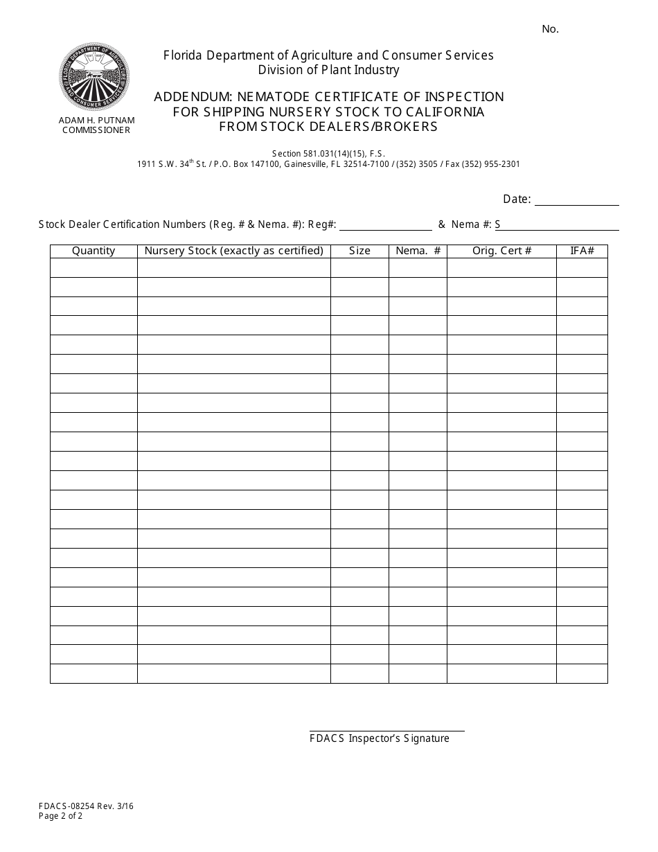 Form FDACS-08254 Nematode Certificate of Inspection for Shipping Nursery Stock to California From Stock Dealers / Brokers - Florida, Page 2