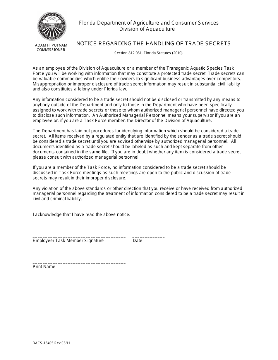 Form DACS-15405 Notice Regarding the Handling of Trade Secrets - Florida, Page 1