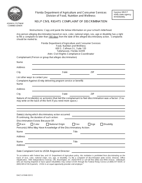 Form DACS-01846 Nslp Civil Rights Complaint of Discrimination - Florida