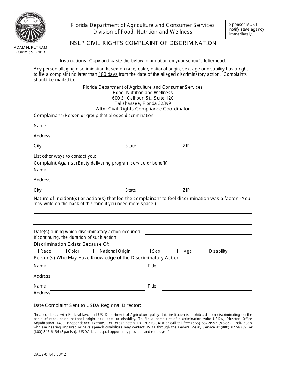Form DACS-01846 Nslp Civil Rights Complaint of Discrimination - Florida, Page 1