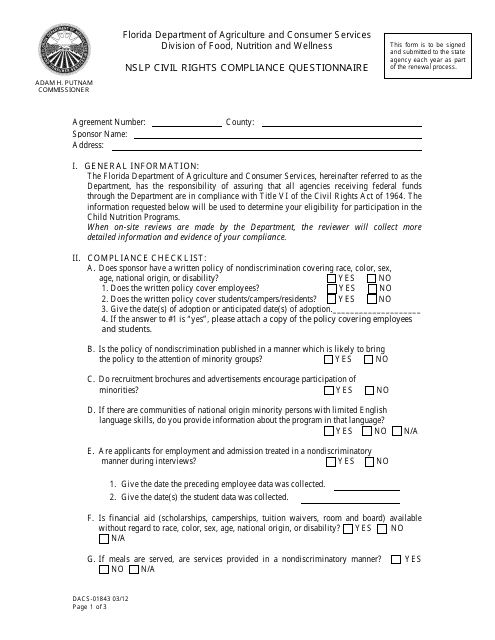Form DACS-01843 Nslp Civil Rights Compliance Questionnaire - Florida