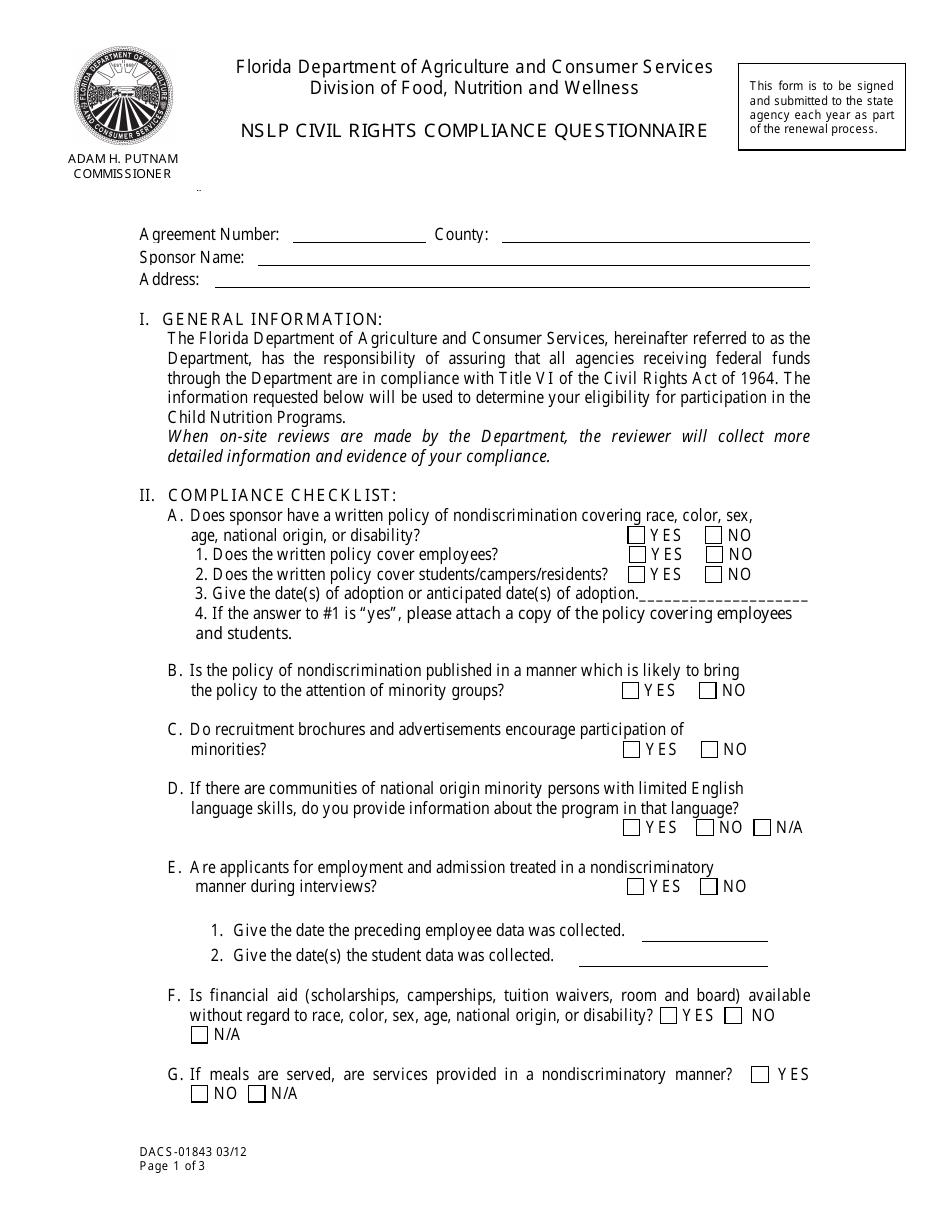 Form DACS-01843 Nslp Civil Rights Compliance Questionnaire - Florida, Page 1