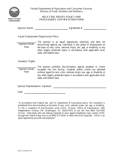 Form DACS-01809 Nslp Civil Rights Policy and Procedures Certification Form - Florida