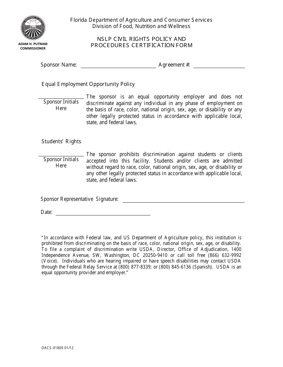 Form DACS-01809 Nslp Civil Rights Policy and Procedures Certification Form - Florida, Page 1