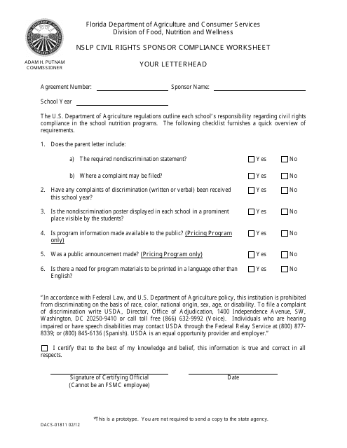 Form DACS-01811 Nslp Civil Rights Sponsor Compliance Worksheet - Florida