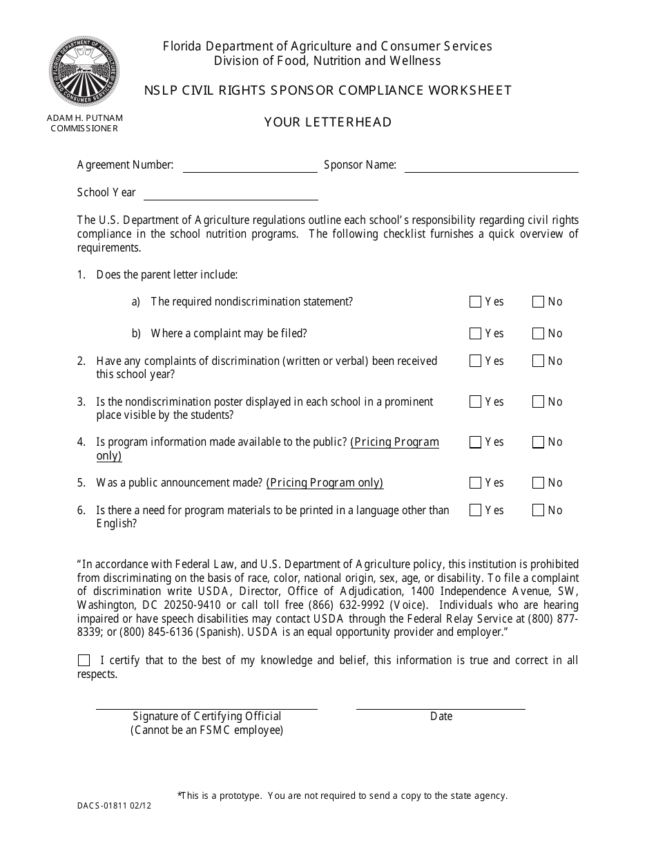 Form DACS-01811 Nslp Civil Rights Sponsor Compliance Worksheet - Florida, Page 1