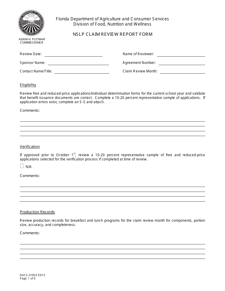 Form DACS-01853 Nslp Claim Review Report Form - Florida, Page 1