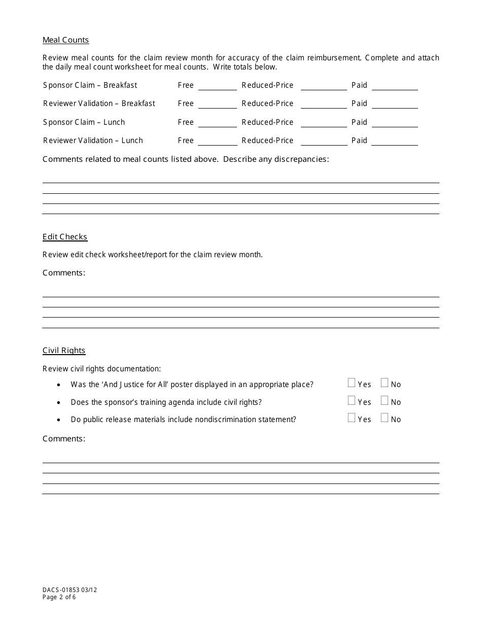 Form DACS-01853 Nslp Claim Review Report Form - Florida, Page 2