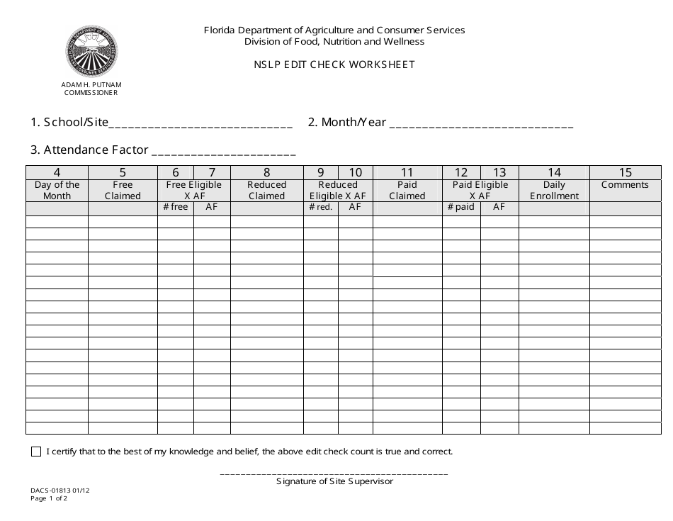 Form DACS-01813 Nslp Edit Check Worksheet - Florida, Page 1