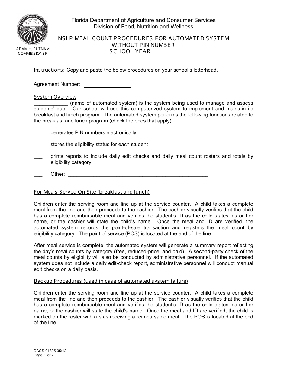 Form DACS-01895 Nslp Meal Count Procedures for Automated System Without Pin Number - Florida, Page 1