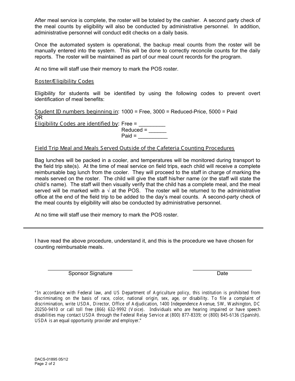 Form DACS-01895 Nslp Meal Count Procedures for Automated System Without Pin Number - Florida, Page 2